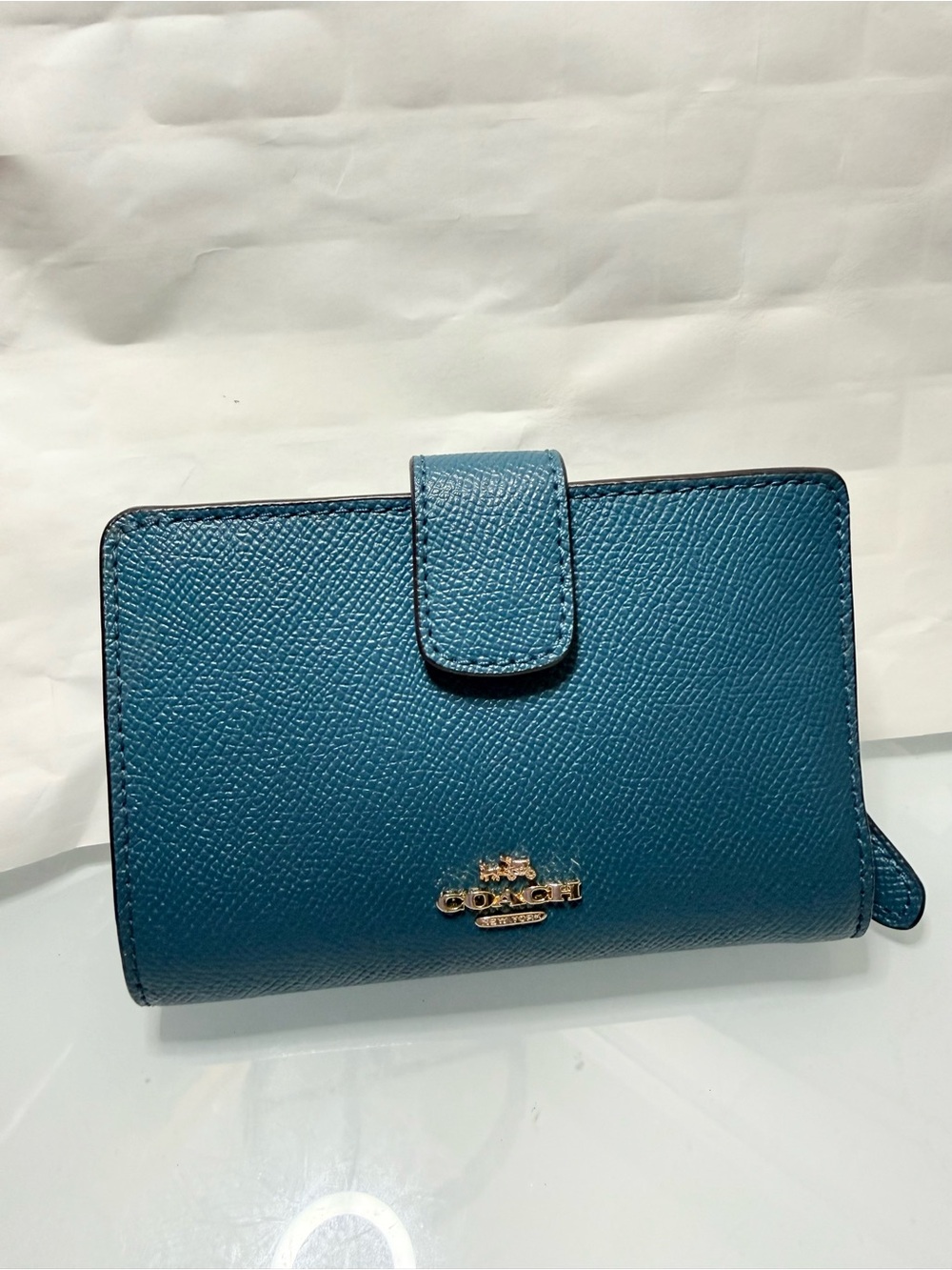 Coach Teal Pebbled Leather Snap Wallet with Gold Logo